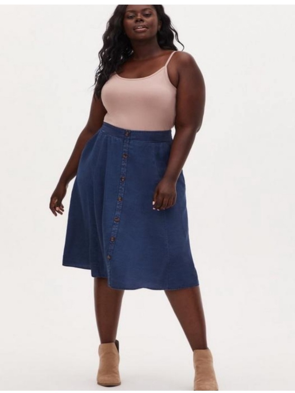 Torrid Plus Size 2 2X Chambray Midi Skirt NWT Button Front Dark Blue 18-20